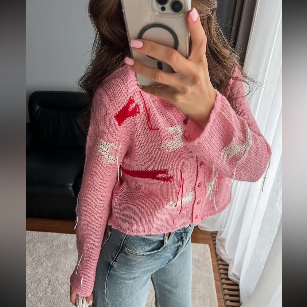 ZARA NEW WOMAN SS23 PINK JACQUARD KNIT CARDIGAN 1957/104 - Picture 7 of 11